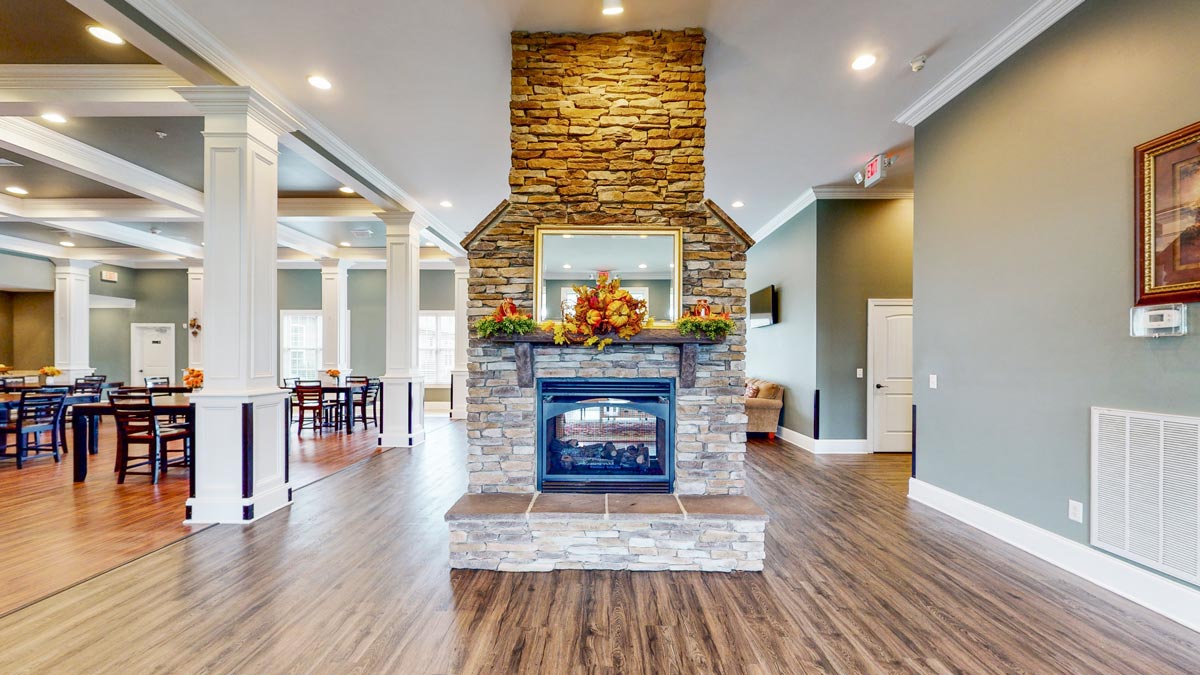 Lobby and stone fireplace